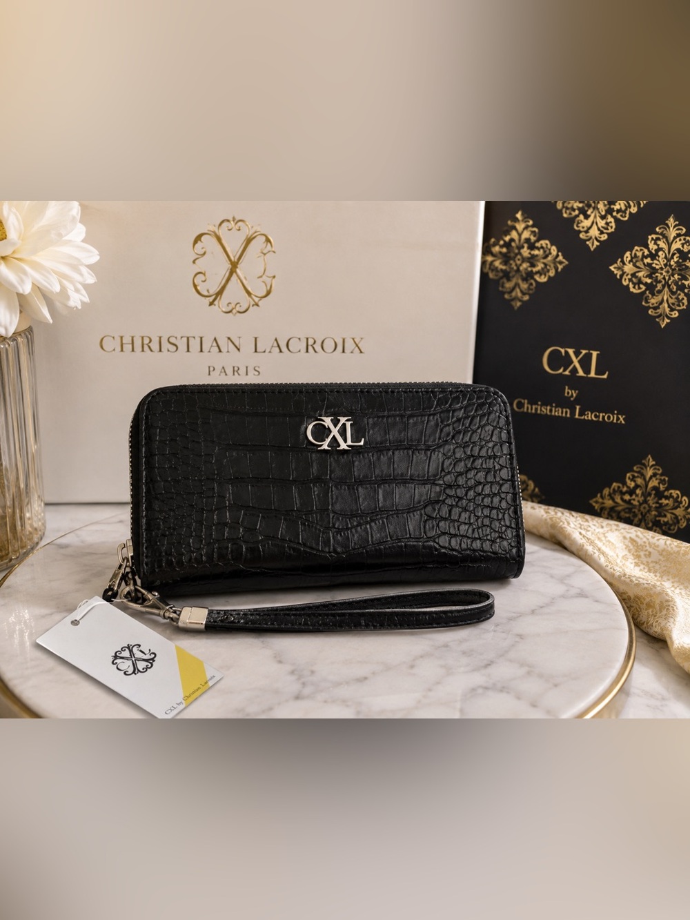 🖤 CXL by Christian Lacroix “Kara Croco” Zip-Around Wristlet Wallet — Black